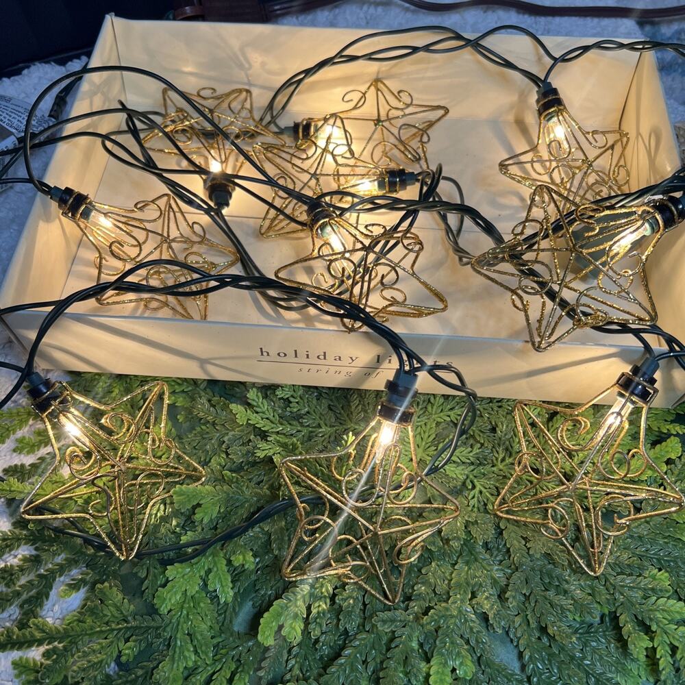 Vintage Pier 1 Metal Wire Gold Star String Lights Holiday Party Christmas
